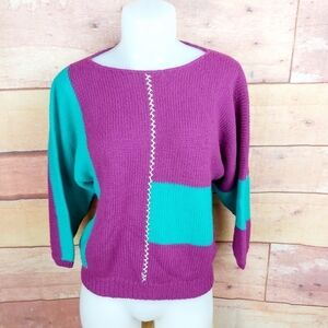 𝅺Knit sweater color block bat sleeves pink aqua
